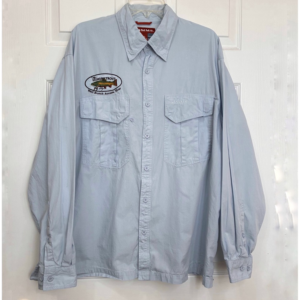 Simms chambray fishing shirt Mens XXL Embroidered logo Ansable River Pockets